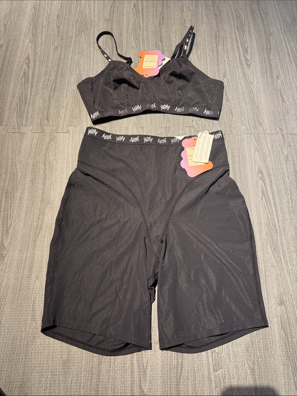 YITTY Black Shimmer Bralette and High-Waist Shaping Shorts Set